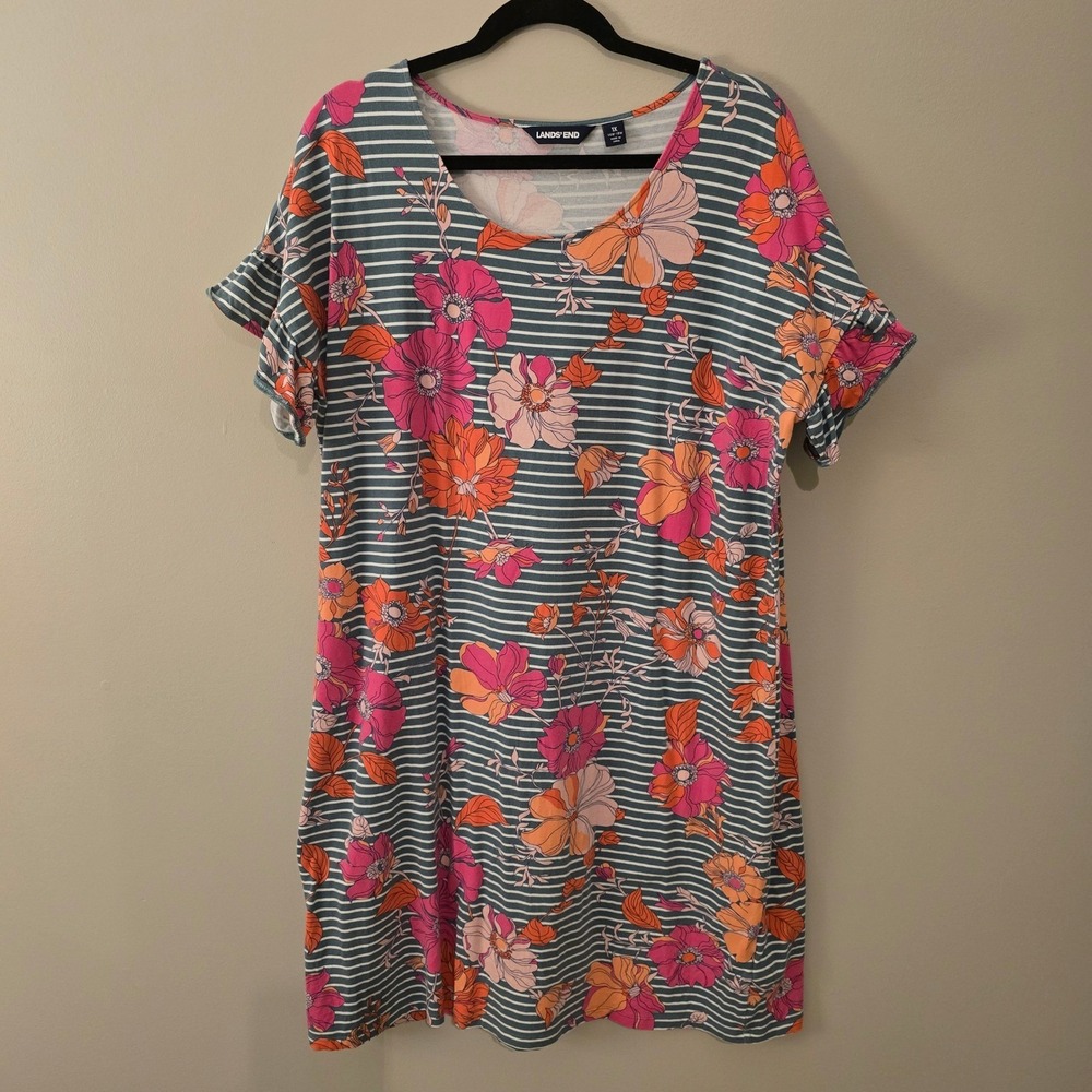 Lands End Womens Floral Striped Knit Sheath Dress Ruffle Sleeve Resortwear 1X